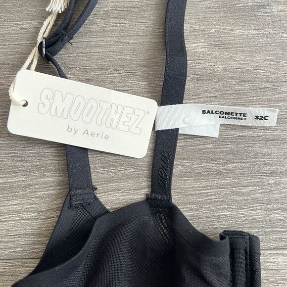 SMOOTHEZ by Aerie Balconette Mesh Bra Size 32C True Black Underwire Sheer NWT - Picture 2 of 7